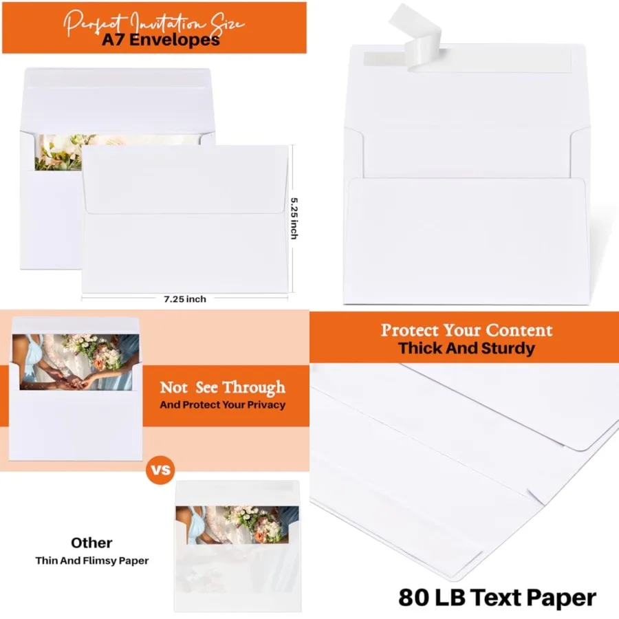 50 Packs 5x7 Envelopes, A7 5x7 Envelopes for Invitations, Printable, Quick Self Seal, envelopes for 5x7 cards, Weddings, Invita
50 Packs 5x7 Envelopes, A7 5x7 Envelopes for Invitations, Printable, Quick Self Seal, envelopes for 5x7 cards, Weddings, Invita