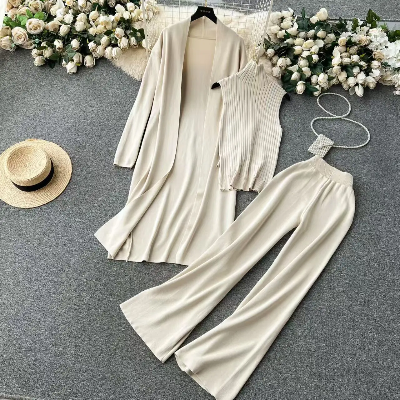 Solid Color 3 Piece Set Women Knit Cardigan V Neck Top Wide Leg Pants Outfit Casual Loungewear Tracksuit
Solid Color 3 Piece Set Women Knit Cardigan V Neck Top Wide Leg Pants Outfit Casual Loungewear Tracksuit