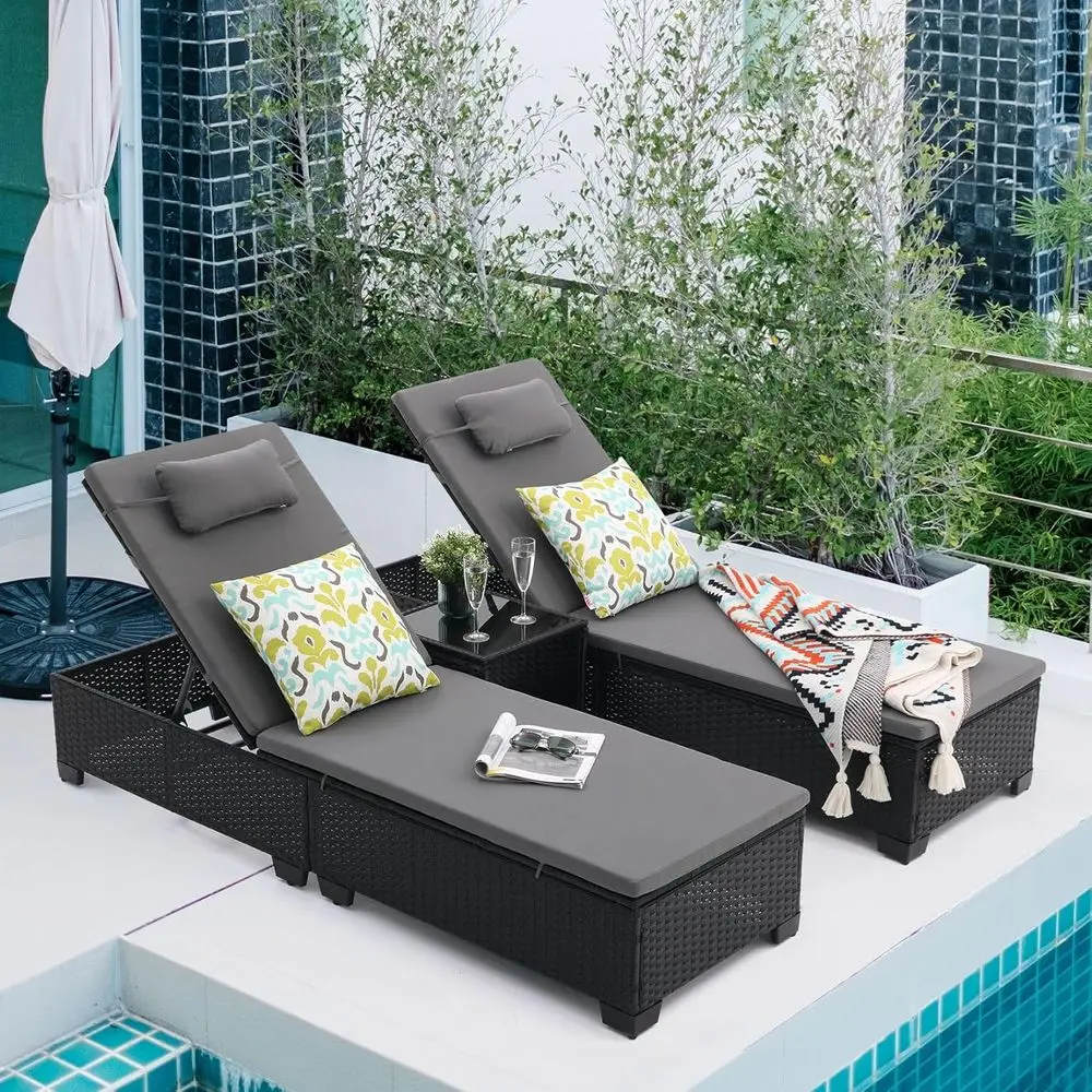 Patio PE Wicker Chaise Lounge Chairs Set of 3 Black Rattan Reclining Chair Adjustable Backrest Pool Sunbathing Recliners with Ta
Patio PE Wicker Chaise Lounge Chairs Set of 3 Black Rattan Reclining Chair Adjustable Backrest Pool Sunbathing Recliners with Ta