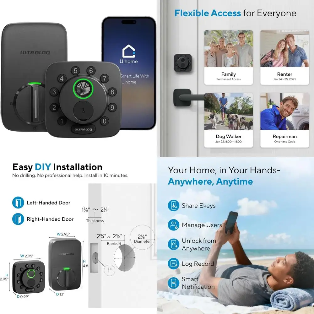 7-in-1 Smart Deadbolt with Fingerprint, Keypad, Remote, 18-Month Battery Life, Compatible with Alexa and Home Automation Systems
7-in-1 Smart Deadbolt with Fingerprint, Keypad, Remote, 18-Month Battery Life, Compatible with Alexa and Home Automation Systems