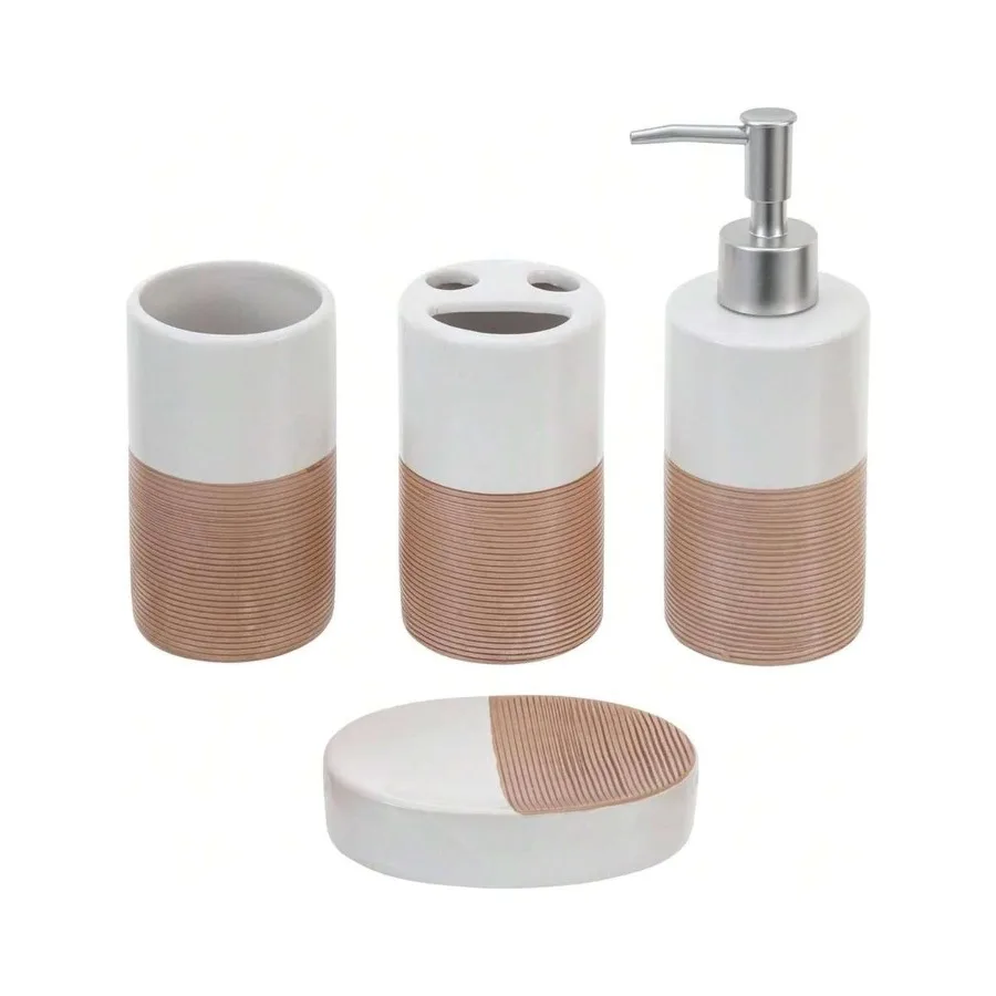 MyGift Deluxe 4 Piece Dual Tone White With Clay Stripe Ceramic Bathroom Accessories Set, Includes Soap Dish, Pump Dispenser, Tu
MyGift Deluxe 4 Piece Dual Tone White With Clay Stripe Ceramic Bathroom Accessories Set, Includes Soap Dish, Pump Dispenser, Tu
