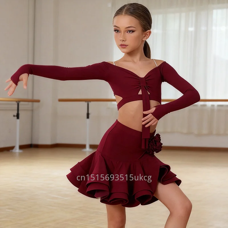 Child Long Sleeves Top Skirt Set Latin Dance Clothing Cha Cha Samba Latin Performance Competition Costumes Burgundy Black Dress
Child Long Sleeves Top Skirt Set Latin Dance Clothing Cha Cha Samba Latin Performance Competition Costumes Burgundy Black Dress