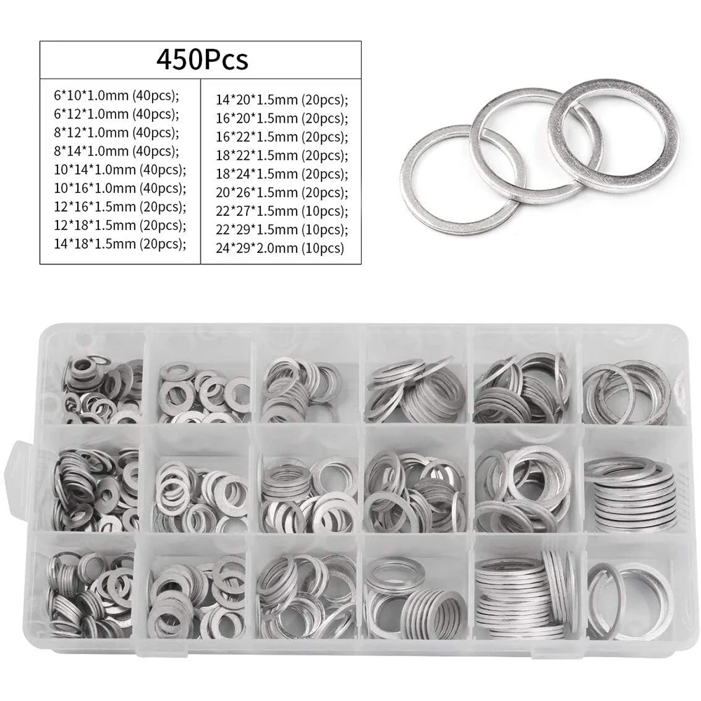 450 Piece Drain Plug Aluminum Washer Flat Gasket Seal Wear Assortment With Box Kit
450 Piece Drain Plug Aluminum Washer Flat Gasket Seal Wear Assortment With Box Kit