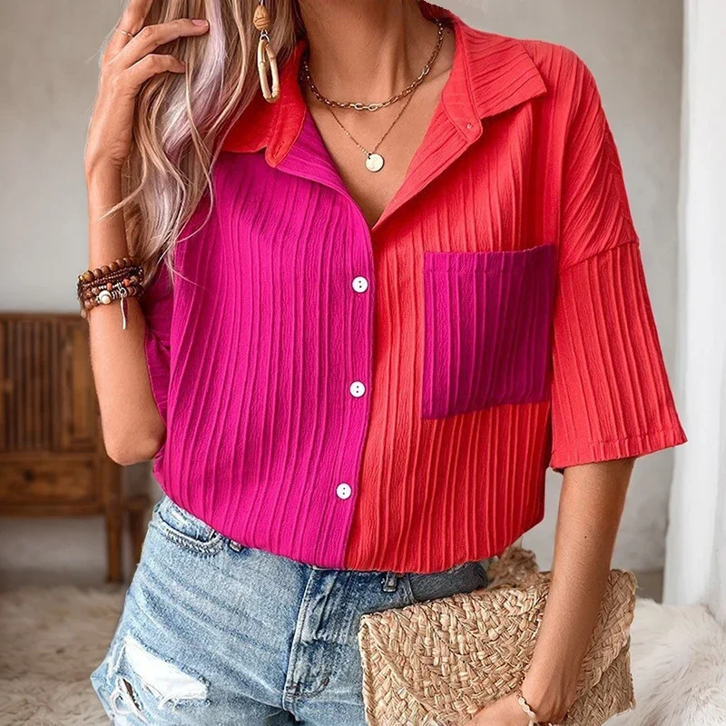 High Street Contrast Color Splicing T-Shirt Elegant Solid Color Turn Down Collar Single-breasted Pocket Short Sleeve Cardigan
High Street Contrast Color Splicing T-Shirt Elegant Solid Color Turn Down Collar Single-breasted Pocket Short Sleeve Cardigan