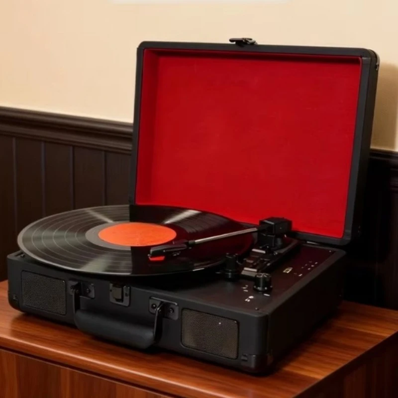 Portable leather suitcase vinyl record player with built-in high fidelity speaker, phonograph vinyl record player
Portable leather suitcase vinyl record player with built-in high fidelity speaker, phonograph vinyl record player