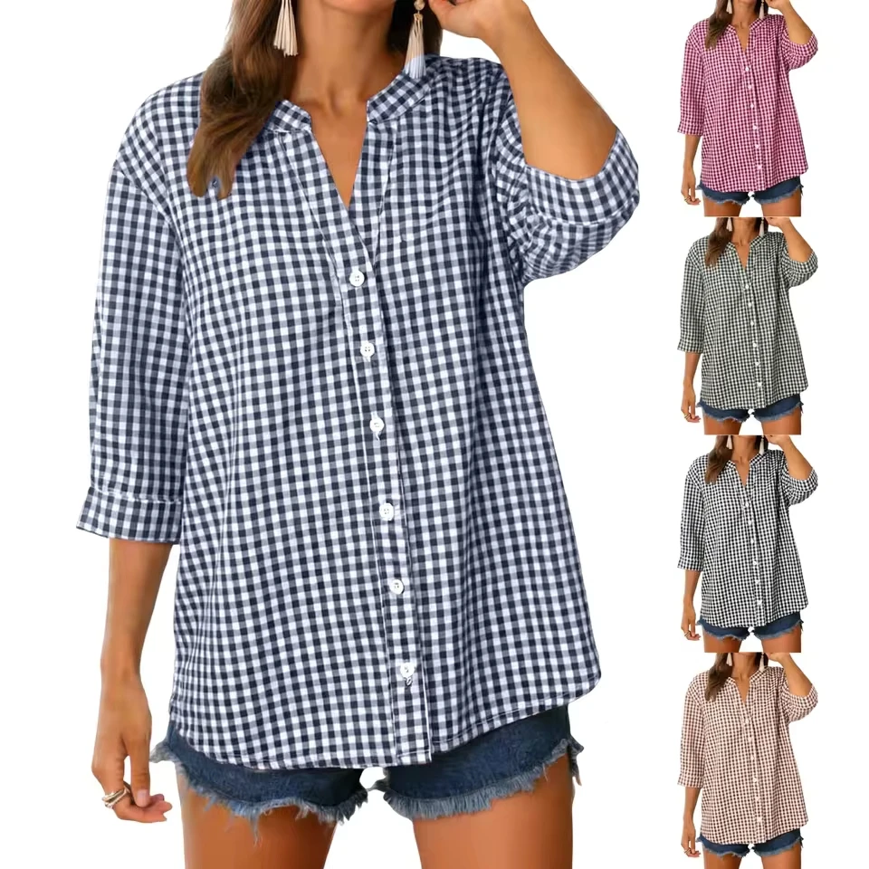 Women Plaid Loose Fitting Casual Shirt Spring Summer V Neck Button Down 3/4 Sleeve Shirt Women Blouse Fashion Youth Female Top
Women Plaid Loose Fitting Casual Shirt Spring Summer V Neck Button Down 3/4 Sleeve Shirt Women Blouse Fashion Youth Female Top