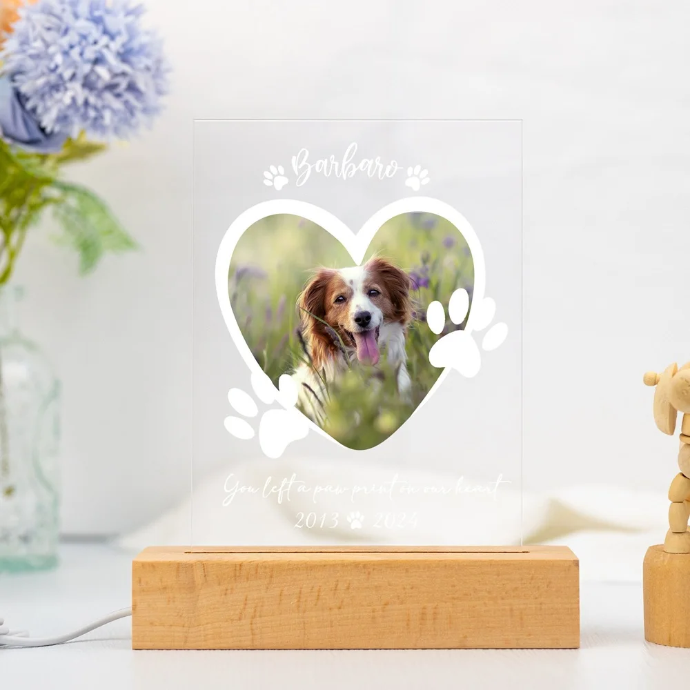 Custom Engraved Pet Memorial Plaque Personalized Photo Name Laser Etched Acrylic with Wood Stand Sympathy Gift for Loss of Dog
Custom Engraved Pet Memorial Plaque Personalized Photo Name Laser Etched Acrylic with Wood Stand Sympathy Gift for Loss of Dog