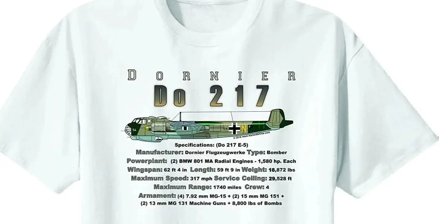 WWII German Air Force Dornier Do 217 Bomber T-Shirt. Premium Cotton Short Sleeve O-Neck Mens T Shirt New S-3XL
WWII German Air Force Dornier Do 217 Bomber T-Shirt. Premium Cotton Short Sleeve O-Neck Mens T Shirt New S-3XL