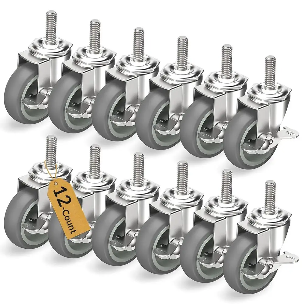 3 Inch Locking Casters Set of 12, Threaded Stem 3/8 -16 x 1-1/2, Swivel Heavy Duty Cast Gray
3 Inch Locking Casters Set of 12, Threaded Stem 3/8 -16 x 1-1/2, Swivel Heavy Duty Cast Gray