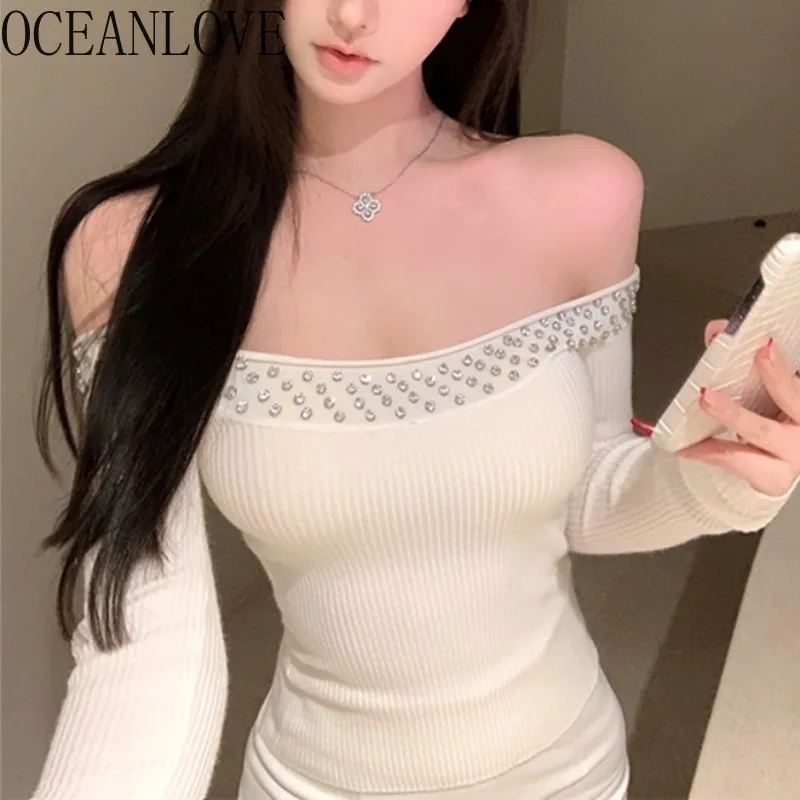 OCEANLOVE Sexy Short Pullovers Slash Neck Beading Solid Autumn Winter Women Sweaters Korean Fashion Slim White Pull Femme
OCEANLOVE Sexy Short Pullovers Slash Neck Beading Solid Autumn Winter Women Sweaters Korean Fashion Slim White Pull Femme