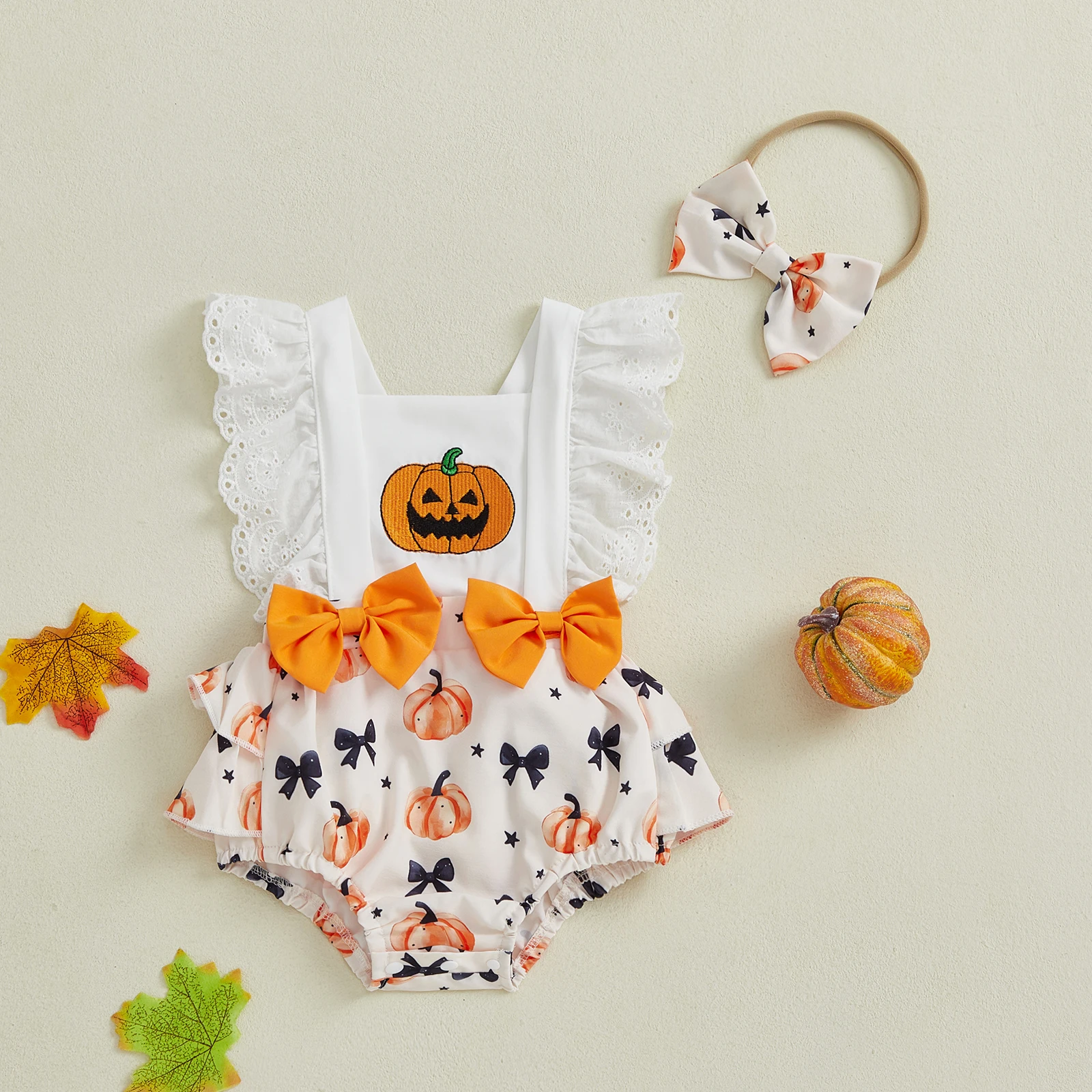 0-18 Months Baby Girl Halloween Romper Bow Pumpkin Print Square Neck Bodysuit Lace Trim Sleeveless Ruffle Jumpsuit with Headband
0-18 Months Baby Girl Halloween Romper Bow Pumpkin Print Square Neck Bodysuit Lace Trim Sleeveless Ruffle Jumpsuit with Headband