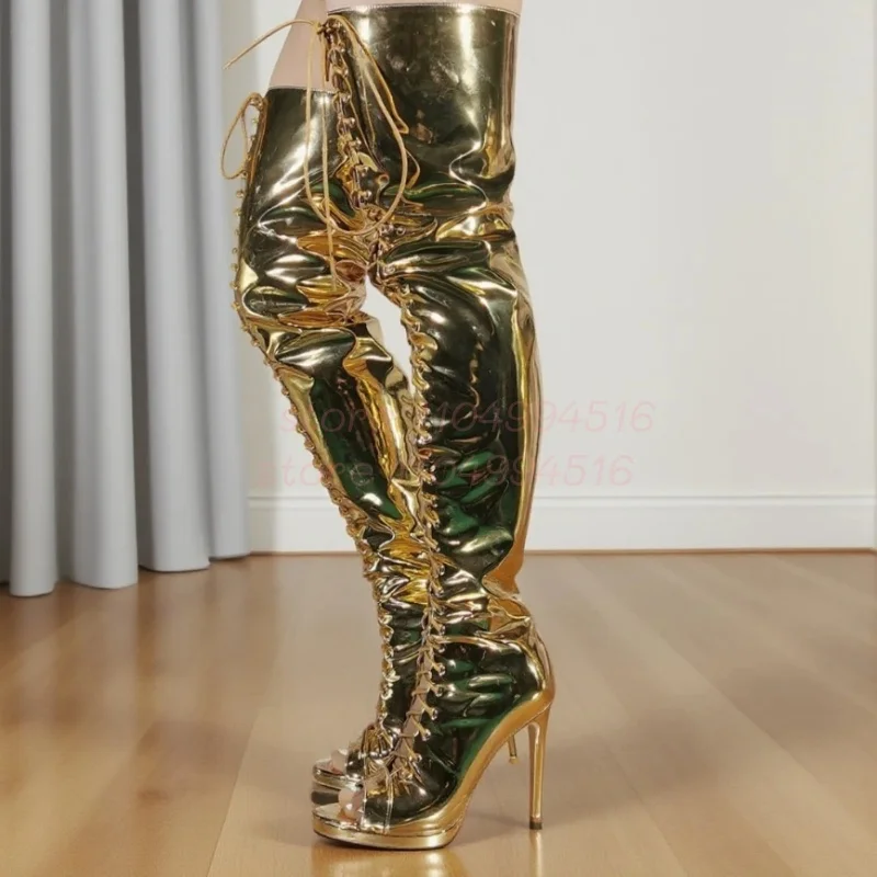 Gold Lace Up Peep Toe Over The Knee Boots Women Patent Cross Tied Cover Heel Stiletto Pumps Lady Sexy Fashion Party Club Shoes
Gold Lace Up Peep Toe Over The Knee Boots Women Patent Cross Tied Cover Heel Stiletto Pumps Lady Sexy Fashion Party Club Shoes