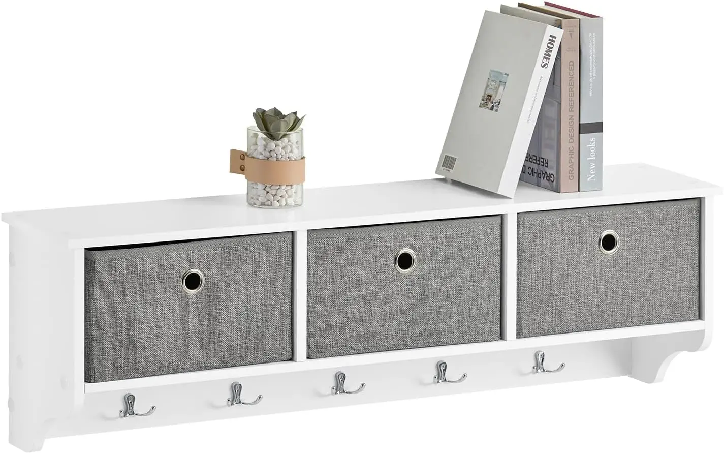 Wall Shelf with Hooks, Coat Rack Wall Mounted with Shelf, Entryway Storage Cabinet Unit with 3 Baskets 5 Hooks, White
Wall Shelf with Hooks, Coat Rack Wall Mounted with Shelf, Entryway Storage Cabinet Unit with 3 Baskets 5 Hooks, White