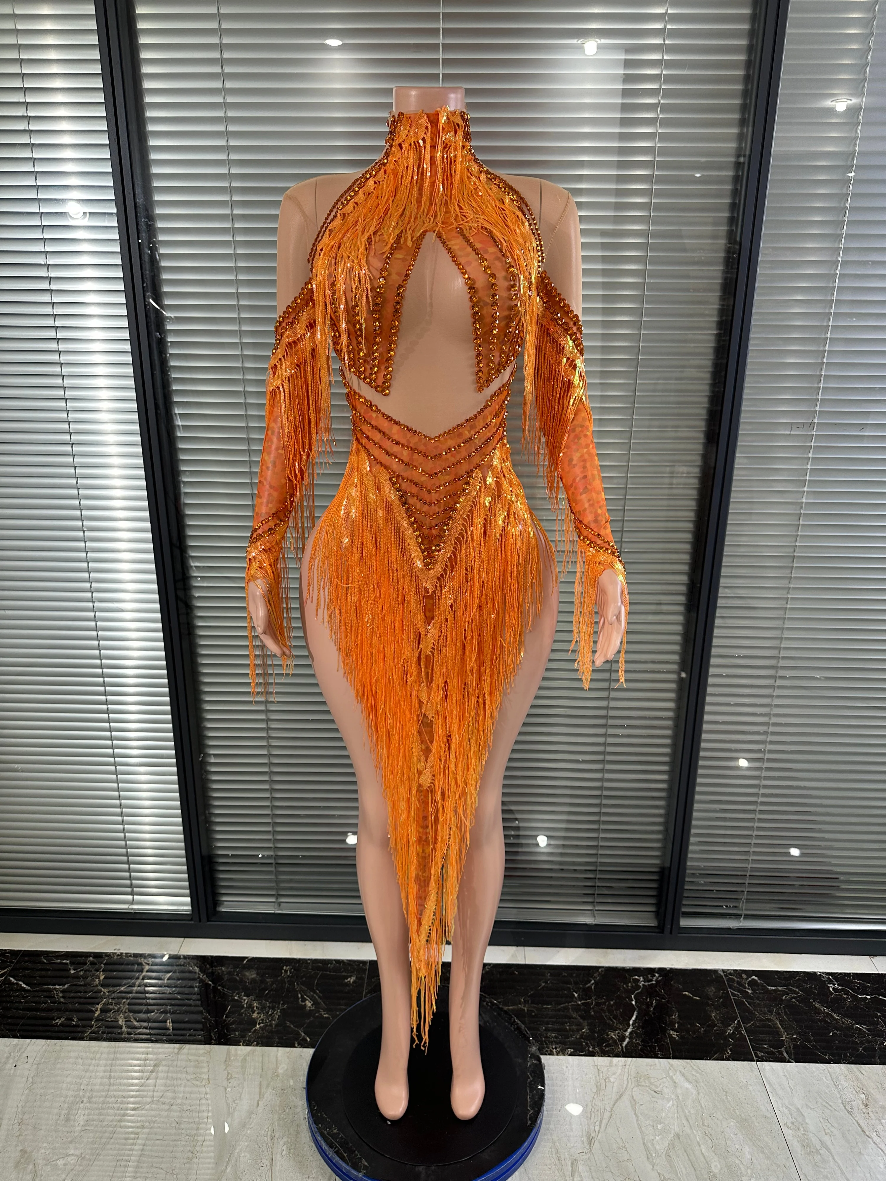 Opulent Orange Fringe Sheer Mesh Dress Women Sexy High Neck Long Sleeve Rhinestone Fringe Stage Performance Costume
Opulent Orange Fringe Sheer Mesh Dress Women Sexy High Neck Long Sleeve Rhinestone Fringe Stage Performance Costume