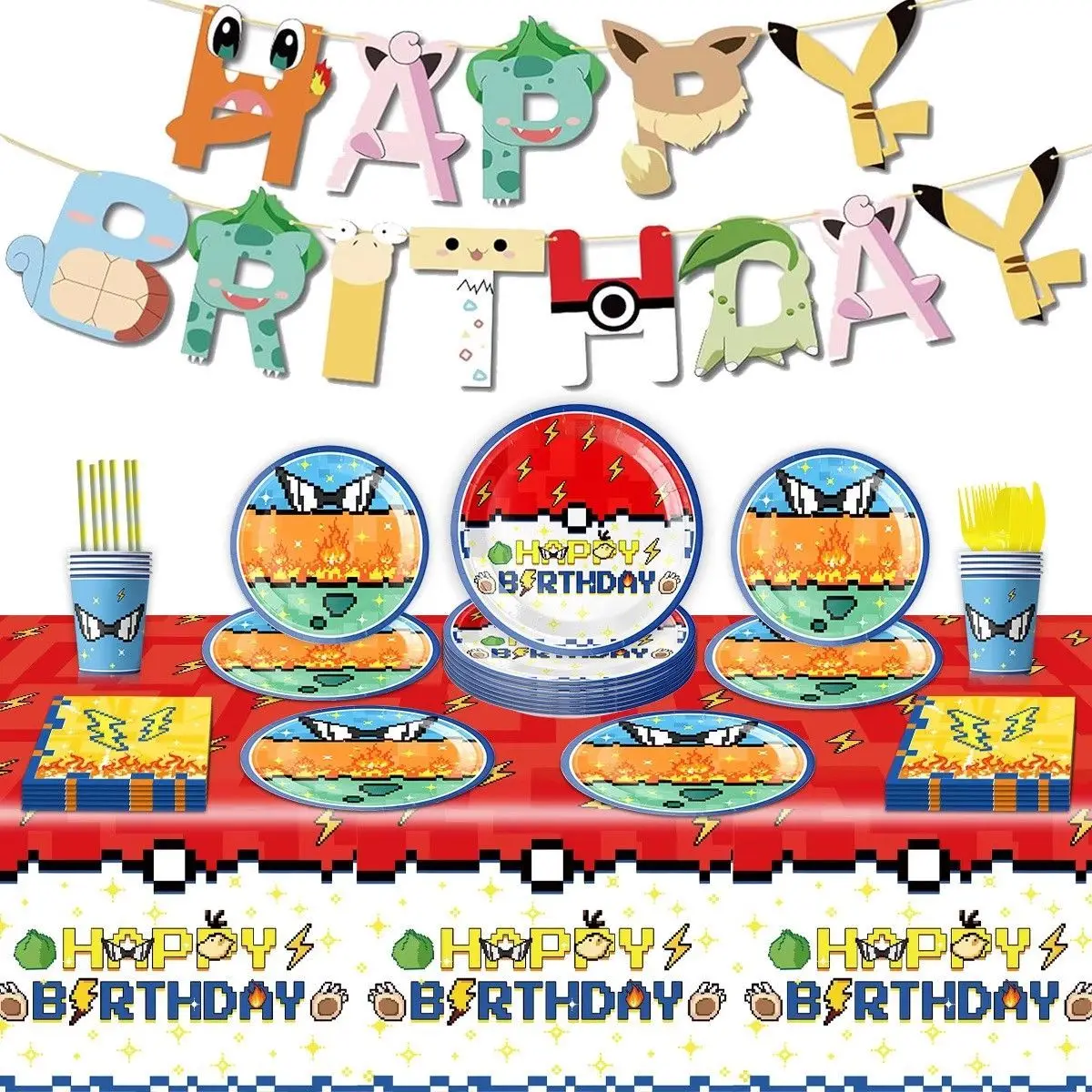 Cartoon Pokémon themed birthday party decoration tablecloth gift bags disposable tableware set birthday arrangement materials
Cartoon Pokémon themed birthday party decoration tablecloth gift bags disposable tableware set birthday arrangement materials