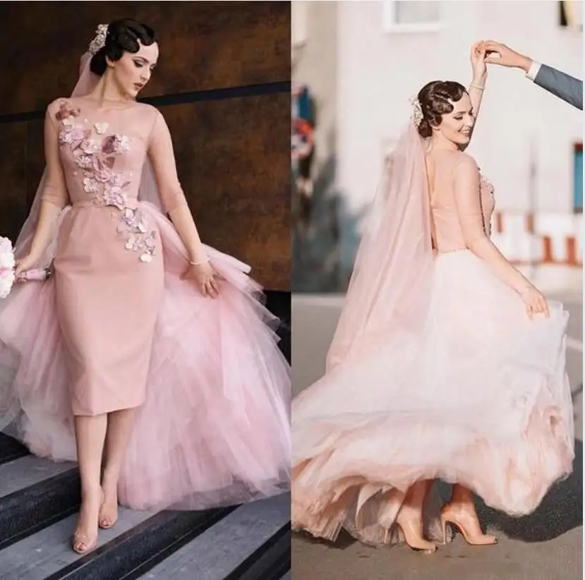Newest Handmade Pink Wedding Dresses with 3D Flowers Boat Neck Half Sleeve Tea-Length Bridal Gown with Tulle Detachable Train
Newest Handmade Pink Wedding Dresses with 3D Flowers Boat Neck Half Sleeve Tea-Length Bridal Gown with Tulle Detachable Train