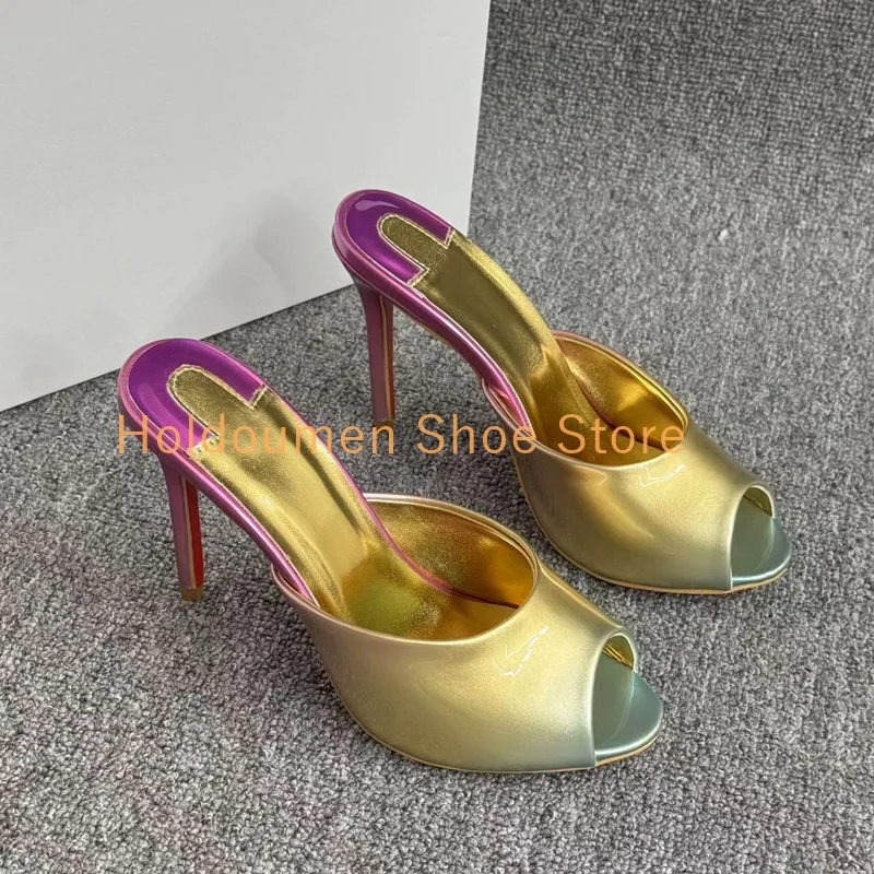 Gradient Contrasting Colors Design Peep Toe Trendy Slippers Gorgeous Patent Leather Slip On Summer Street Show Stiletto Slippers
Gradient Contrasting Colors Design Peep Toe Trendy Slippers Gorgeous Patent Leather Slip On Summer Street Show Stiletto Slippers