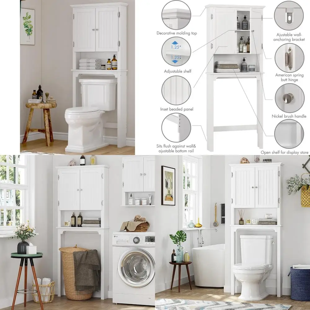 White Toilet Storage Cabinet with Adjustable Shelves and Double Doors, Over-the-Bathroom Organizer
White Toilet Storage Cabinet with Adjustable Shelves and Double Doors, Over-the-Bathroom Organizer
