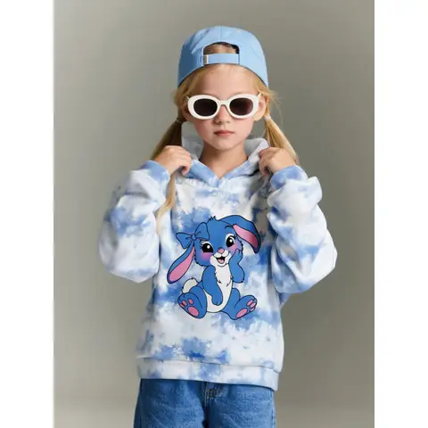 2025 Girls Cartoon Rabbit Tie Dye Fashion Casual Hooded Sweatshirt
