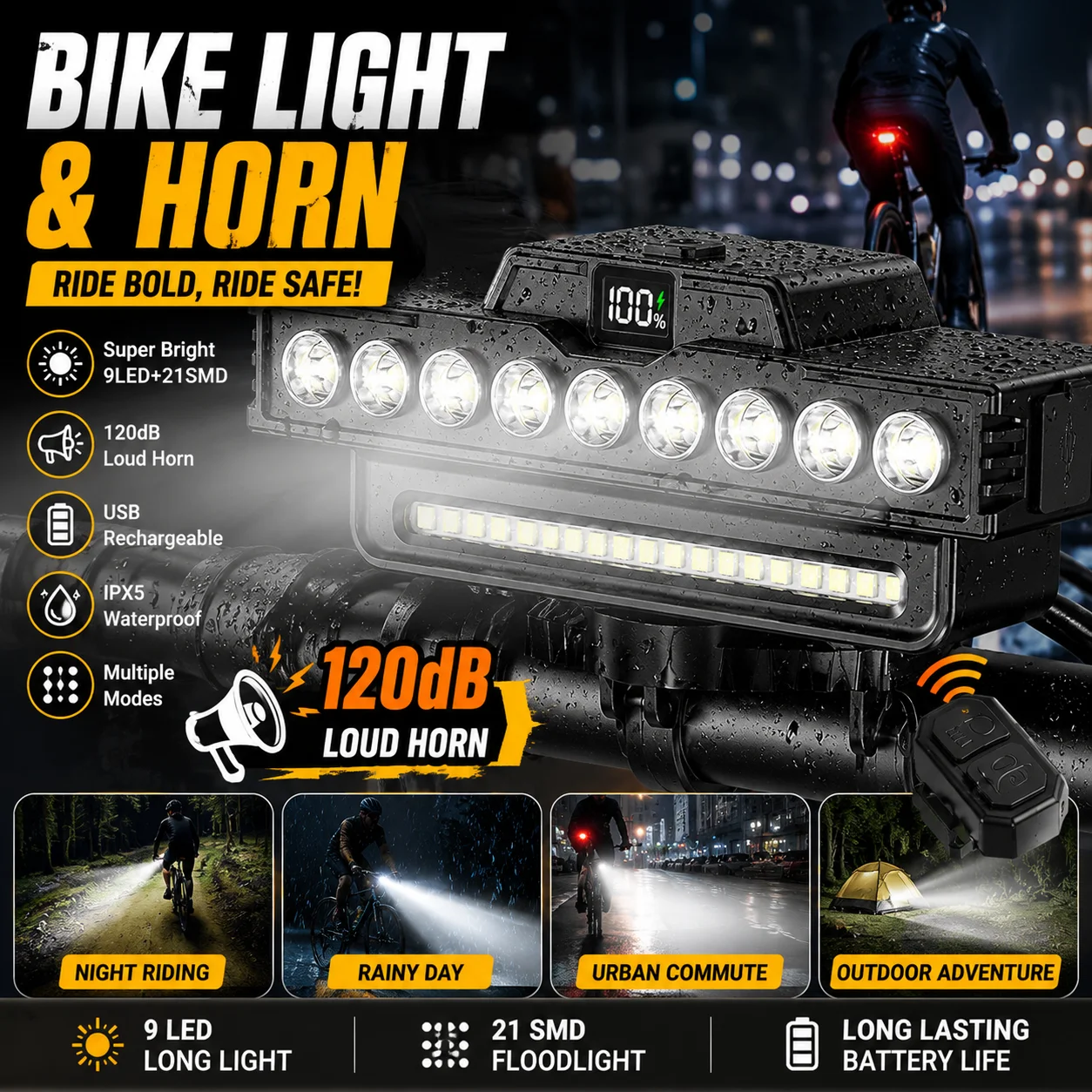 Rechargeable Bike Light With Horn Function High Brightness Waterproof Bicycle Lamp With Digital Display For Safe Night Riding
Rechargeable Bike Light With Horn Function High Brightness Waterproof Bicycle Lamp With Digital Display For Safe Night Riding