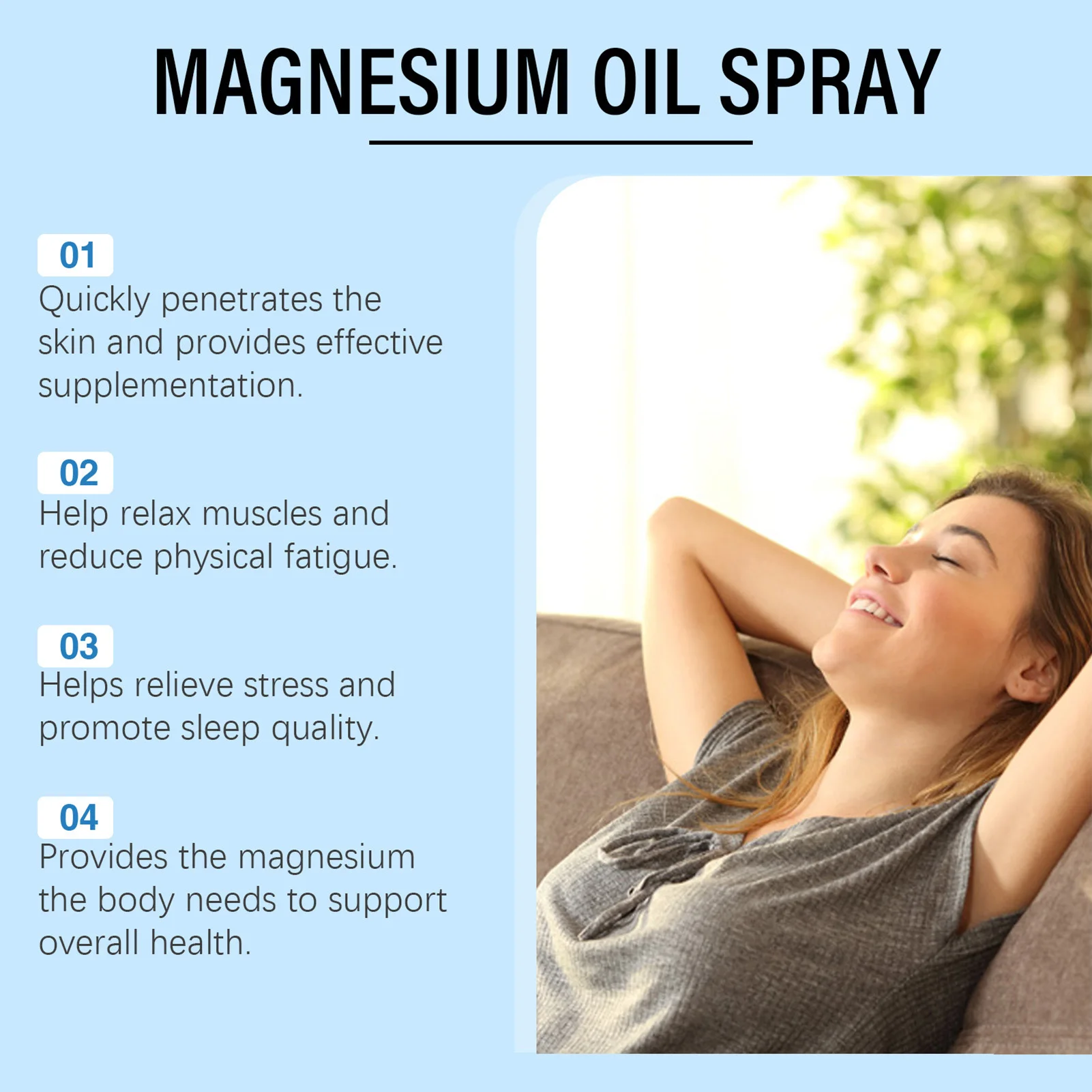 60ml Magnesium Oil Spray Micronutrient Replenishing Moisturizing Spray Improvement of Sleep Quality
60ml Magnesium Oil Spray Micronutrient Replenishing Moisturizing Spray Improvement of Sleep Quality