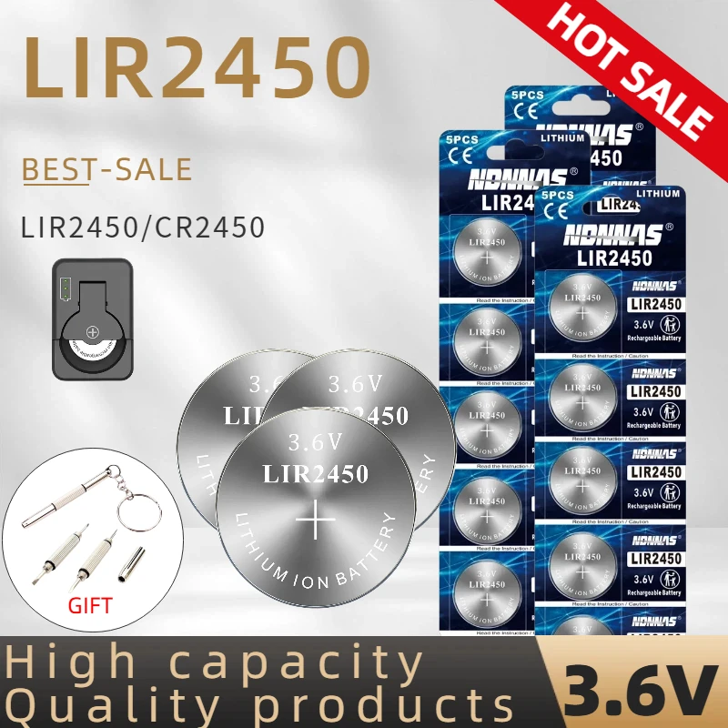 LIR2450 3.6V Rechargeable Lithium Button Coin Battery High Capacity Direct Replacement for CR2450 Car Keys Remotes
LIR2450 3.6V Rechargeable Lithium Button Coin Battery High Capacity Direct Replacement for CR2450 Car Keys Remotes