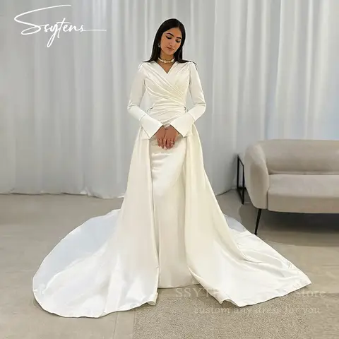 SSYTENS Robes de mariée civiles blanches Dubaï Robes de mariée à col en V pour femmes Longue traîne détachable Robes de mariée personnalisées 2 en 1