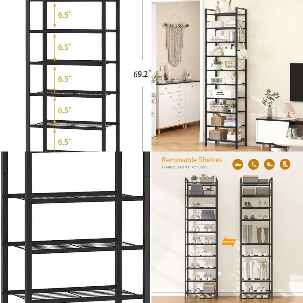 10-Tier Slim Metal Shoe Rack for 20-30 Pairs, Vertical Storage Organizer with Hooks, Space-Saving Entryway Solution, Black
10-Tier Slim Metal Shoe Rack for 20-30 Pairs, Vertical Storage Organizer with Hooks, Space-Saving Entryway Solution, Black