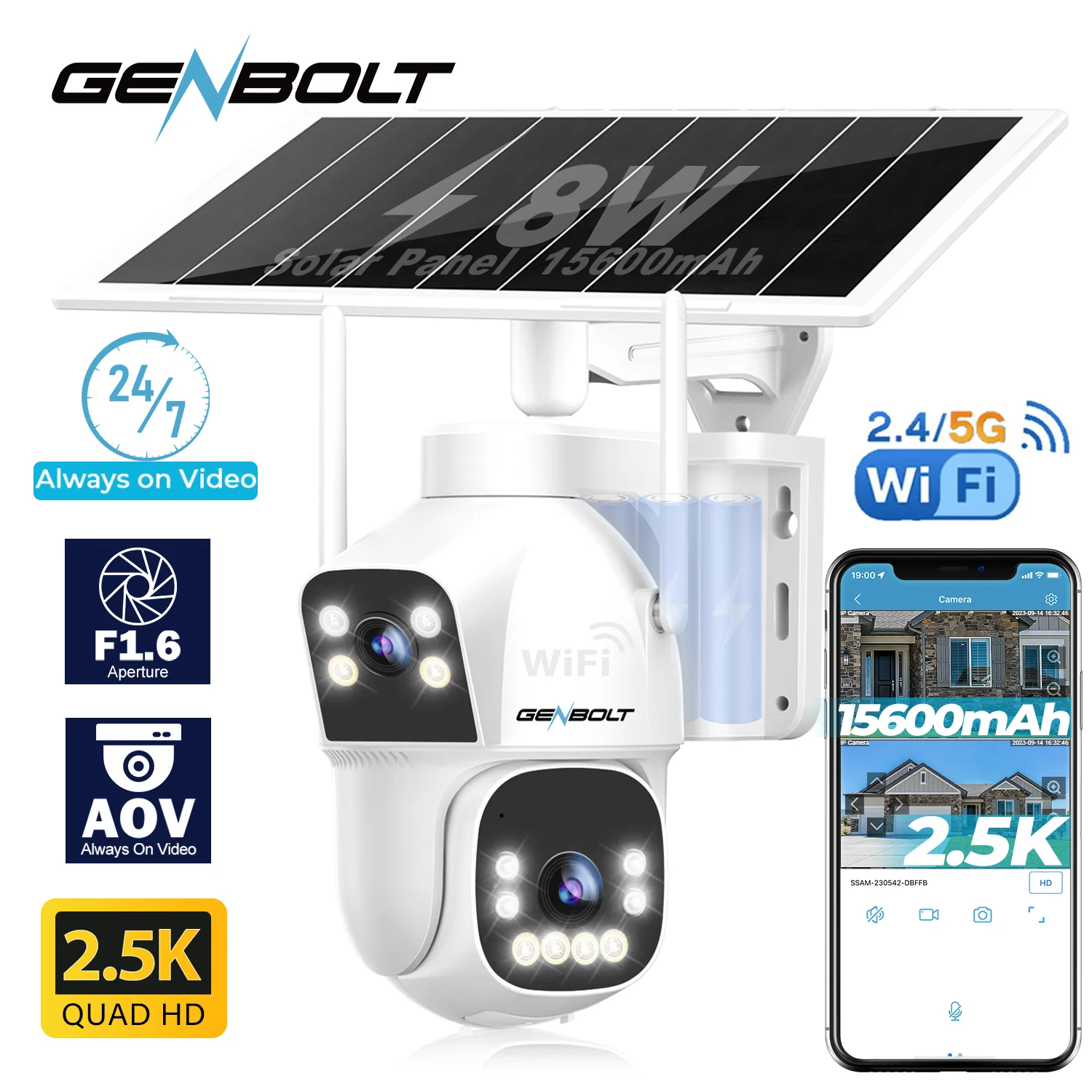 GENBOLT 2.5K AOV WiFi Solar Security Camera Outdoor Wireless, 7/24 Recording 3MP+3MP IP Surveillance Camera with 90FT AI Detection, 8W 15600mAh Battery Powered Camera CCTV 2.4&5GHz Dual Band WiFi
GENBOLT 2.5K AOV WiFi Solar Security Camera Outdoor Wireless, 7/24 Recording 3MP+3MP IP Surveillance Camera with 90FT AI Detection, 8W 15600mAh Battery Powered Camera CCTV 2.4&5GHz Dual Band WiFi