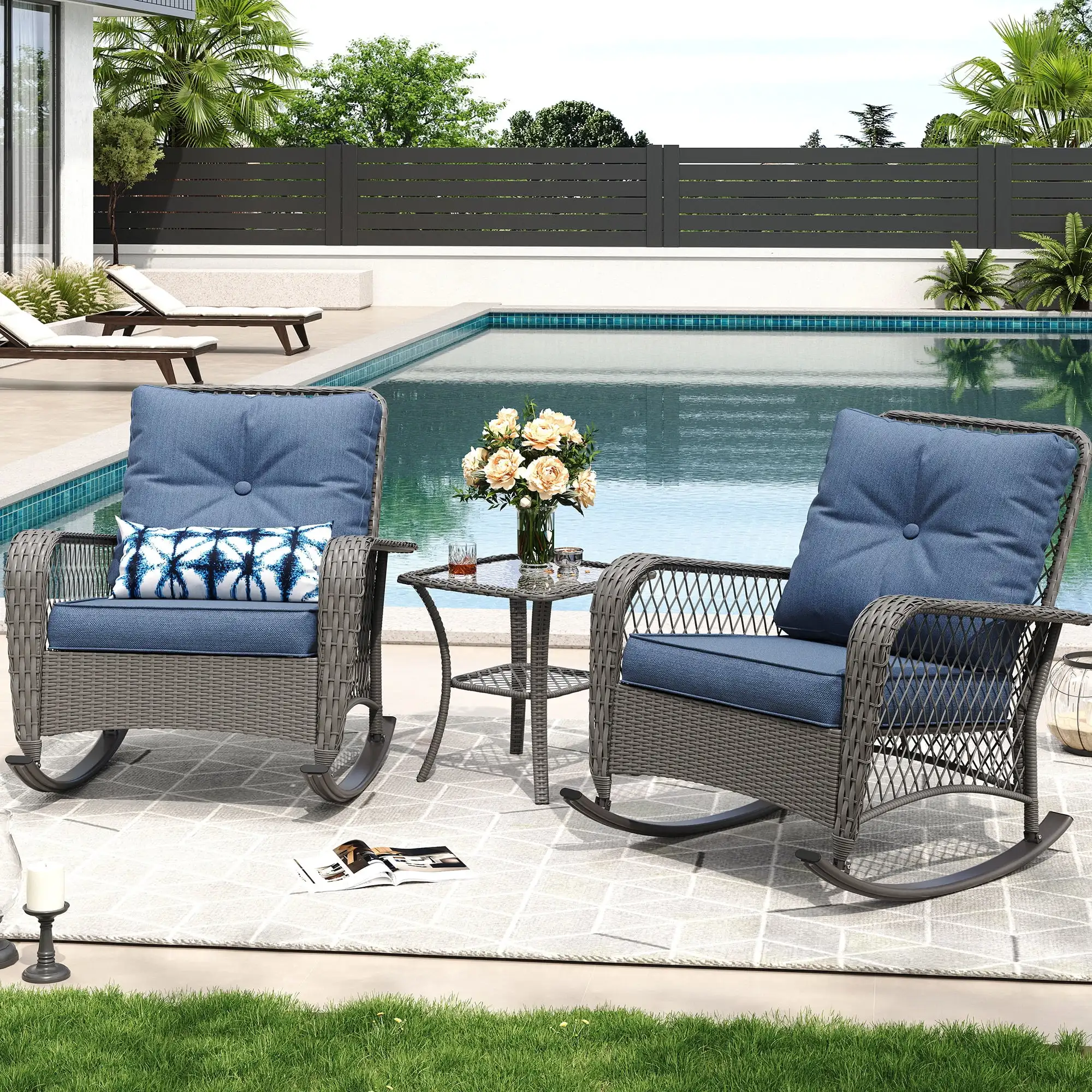 Outdoor Rocking Chairs Set of 3, Wicker Patio Furniture with Thickened Cushions and Table for Porch,350lbs Weight Capacity(Blue)
Outdoor Rocking Chairs Set of 3, Wicker Patio Furniture with Thickened Cushions and Table for Porch,350lbs Weight Capacity(Blue)