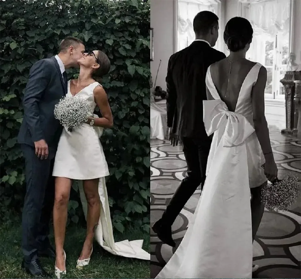 Simple Satin Little White Mini Wedding Dress With Detachable Train Big Bow Boho Garden Beach Bridal Dresses V Neck A Line Brides
Simple Satin Little White Mini Wedding Dress With Detachable Train Big Bow Boho Garden Beach Bridal Dresses V Neck A Line Brides