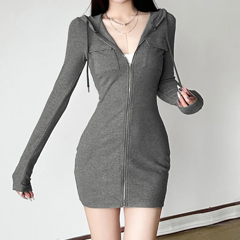 Preppy Solid Hooded Zipper Long Sleeve Knitted Mini Dress Women Tight Waisted Wrap Hip Casual Dress Autumn Hot Chic Clothing 
Preppy Solid Hooded Zipper Long Sleeve Knitted Mini Dress Women Tight Waisted Wrap Hip Casual Dress Autumn Hot Chic Clothing