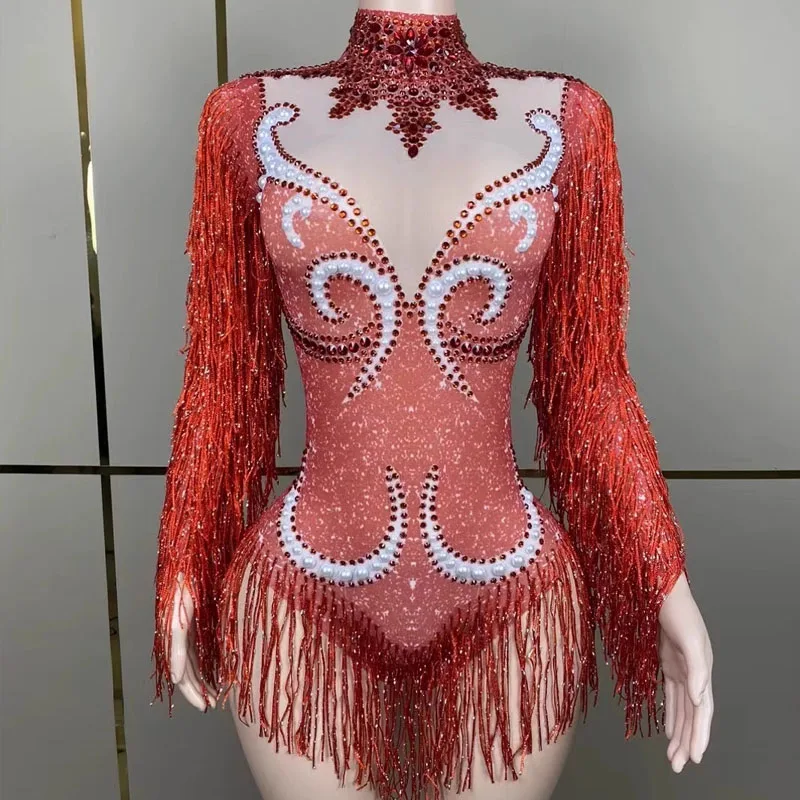 Women Sexy Sparkly Rhinestones Tassel Tight Jumpsuit Long Sleeves Short One Piece Outfits Dancewear Stage Performance Bodysuit
Women Sexy Sparkly Rhinestones Tassel Tight Jumpsuit Long Sleeves Short One Piece Outfits Dancewear Stage Performance Bodysuit