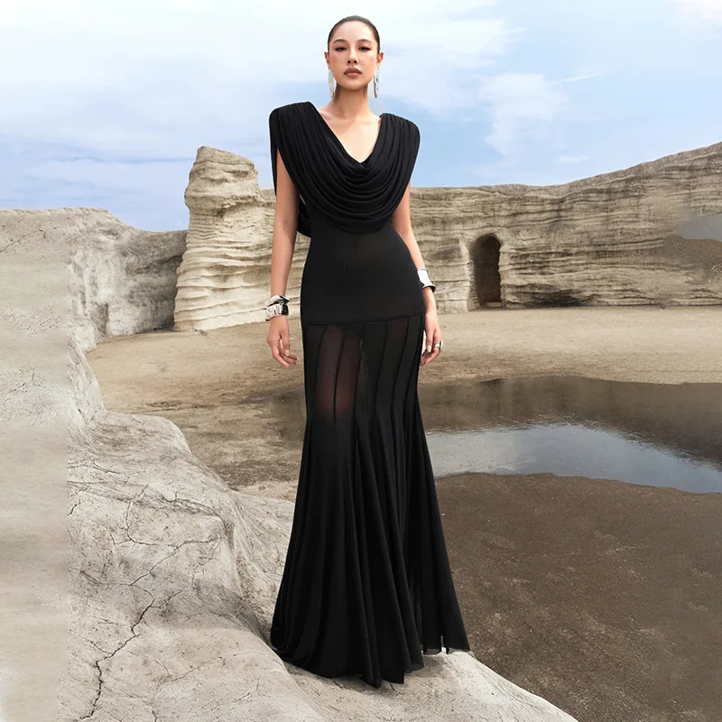 Black Off-Shoulder Maxi Dress V Neck Sleeveless Ruched Cinched Waist Bodycon Long Banquet Dresses Female Spring Clothing New
Black Off-Shoulder Maxi Dress V Neck Sleeveless Ruched Cinched Waist Bodycon Long Banquet Dresses Female Spring Clothing New