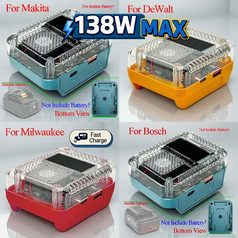 Lithium Battery Case Adapter For Makita 18V For DeWalt 20V For Bosch For Milwaukee For M18 Charger USB Type-C Power Bank Max138W