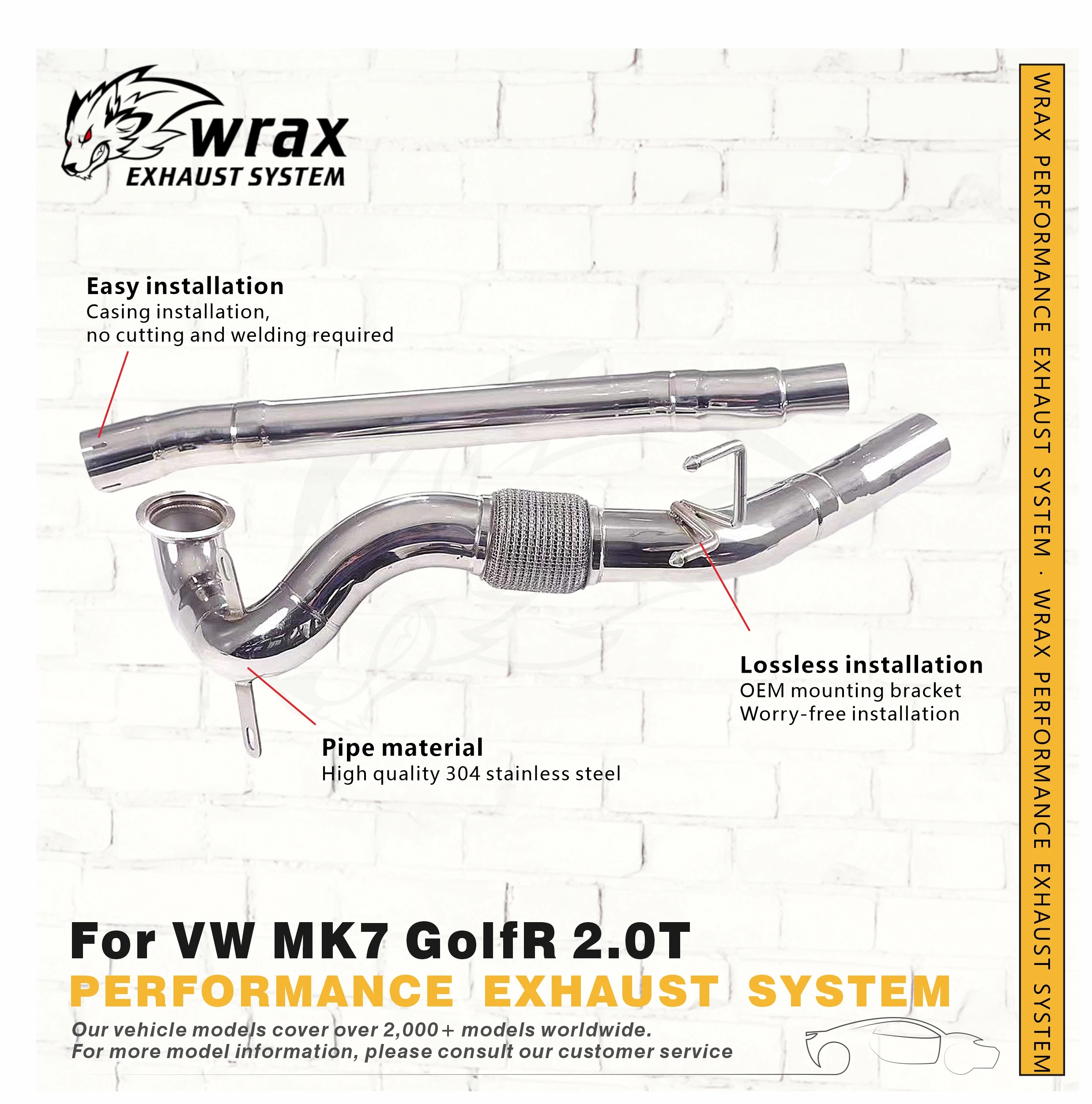 for VW MK7 GolfR 2.0T Exhaust Pipe SS304 Catless/Catalyzed Downpipe Plug-and-Play Lossless Installation
for VW MK7 GolfR 2.0T Exhaust Pipe SS304 Catless/Catalyzed Downpipe Plug-and-Play Lossless Installation