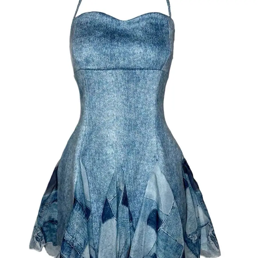 New European and American Sexy Hot Girl Denim Printing Stitching Net Falbala Stretch Dress
New European and American Sexy Hot Girl Denim Printing Stitching Net Falbala Stretch Dress