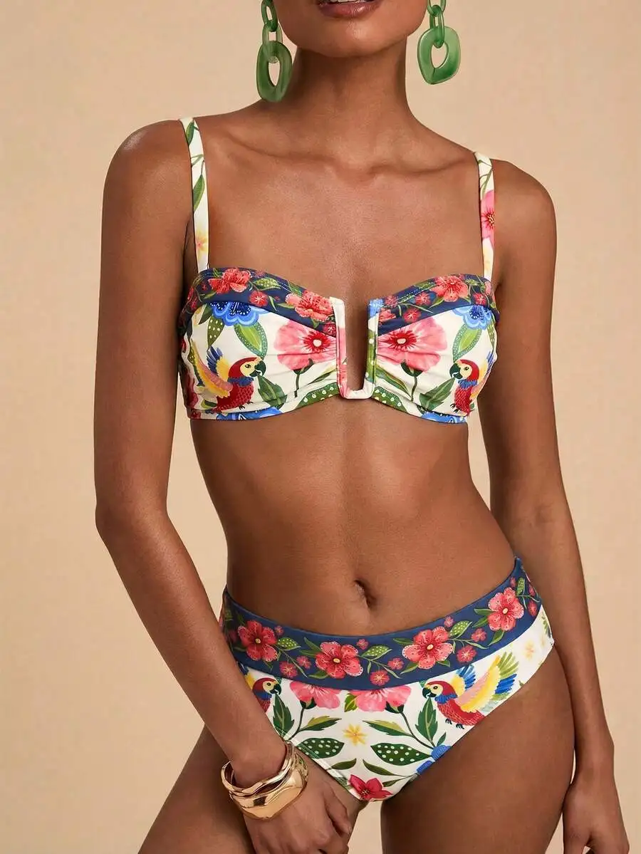 Floral Parrot Print High Waisted Bikini Set Bandeau Top Thong Bottom
Floral Parrot Print High Waisted Bikini Set Bandeau Top Thong Bottom