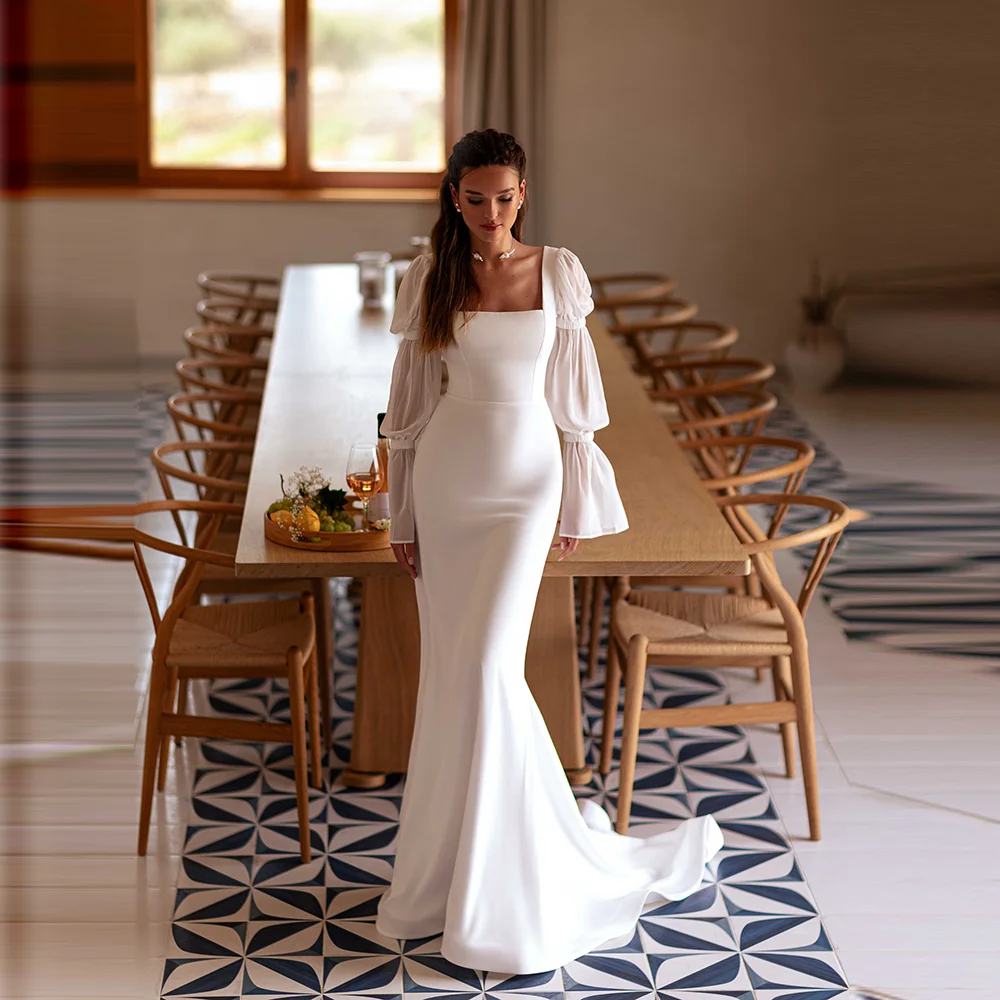 Elegant Square Collar Satin Long Puff Sleeve Wedding Party Dress Sexy Mermaid Backless Bridal Dresses with Trian Customzied
Elegant Square Collar Satin Long Puff Sleeve Wedding Party Dress Sexy Mermaid Backless Bridal Dresses with Trian Customzied