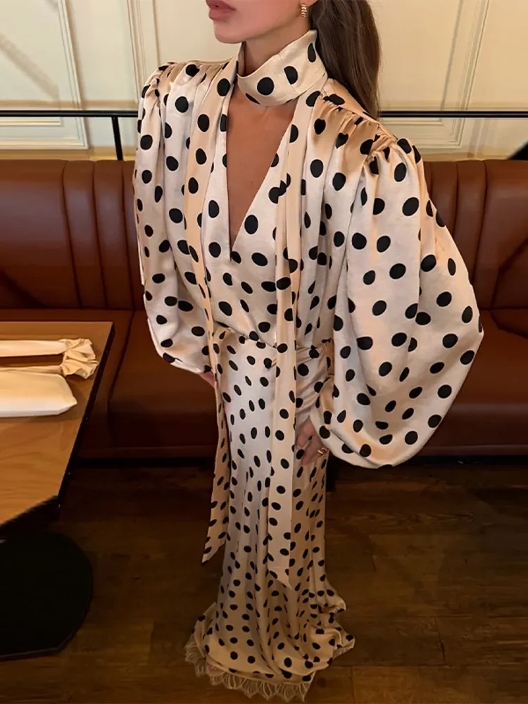 Elegant Polka Dots Shirt Long Skirts Set Women Loose V-neck Lace-up Lantern Sleeve Lace Splicing Shirt Floor-length Skirt 2026
Elegant Polka Dots Shirt Long Skirts Set Women Loose V-neck Lace-up Lantern Sleeve Lace Splicing Shirt Floor-length Skirt 2026