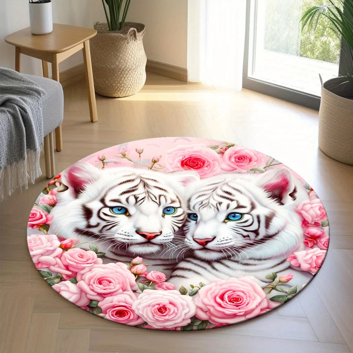 Cute White Tiger Pair Pink Rose Flower Round Carpet, Washable Non-Slip Rug for Dorm Study Lounge Living Room Bedroom Home Decor
Cute White Tiger Pair Pink Rose Flower Round Carpet, Washable Non-Slip Rug for Dorm Study Lounge Living Room Bedroom Home Decor