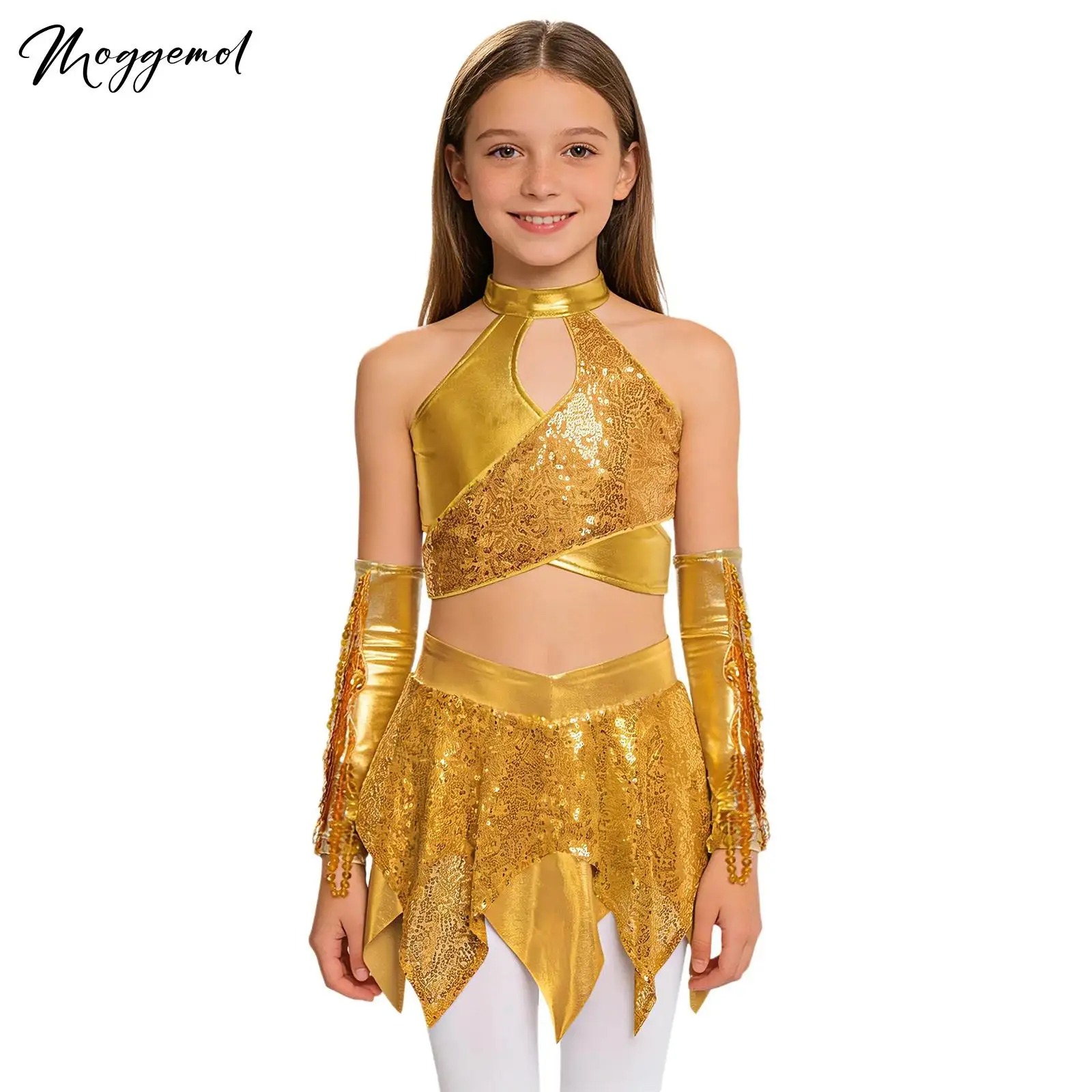 Костюм для джазовых танцев и хип-хопа для девочек: блестящий металлический укороченный топ с пайетками, асимметричной юбкой и перчатками с бахромой
Костюм для джазовых танцев и хип-хопа для девочек: блестящий металлический укороченный топ с пайетками, асимметричной юбкой и перчатками с бахромой