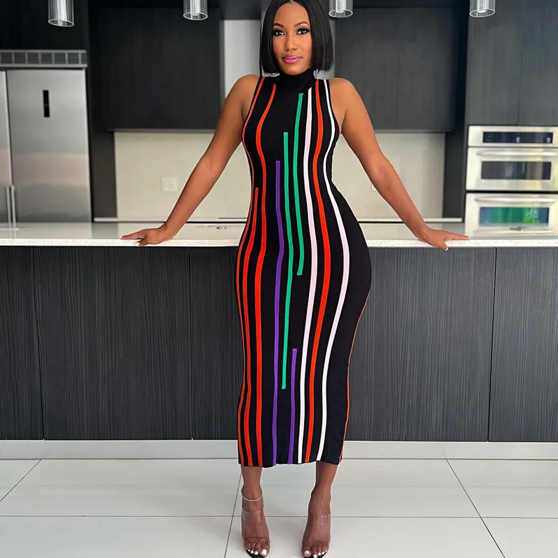 Colorful Stripe Print Ribbed Casual Long Dress Women Turtleneck Sleeveless Slim Bodycon Maxi Club Party Dresses Streetwear
Colorful Stripe Print Ribbed Casual Long Dress Women Turtleneck Sleeveless Slim Bodycon Maxi Club Party Dresses Streetwear