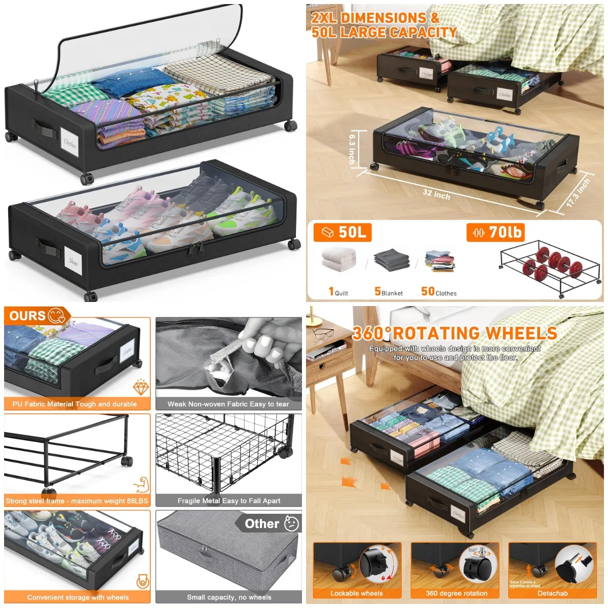 Under Bed Storage with Wheels, 2-Pack XXL 60L Rolling Organizers with Clear Lids, Metal Drawer for Clothes, Shoes, Toys (Black)
Under Bed Storage with Wheels, 2-Pack XXL 60L Rolling Organizers with Clear Lids, Metal Drawer for Clothes, Shoes, Toys (Black)