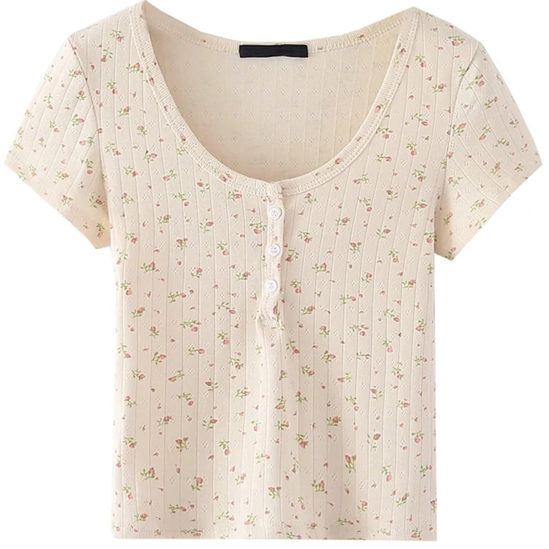 Sweet Floral Print Button Short Sleeve Tees Women Summer Casual Streetwear Chic Cotton Tops Clothes Fashion Vintage Y2K T-shirts
Sweet Floral Print Button Short Sleeve Tees Women Summer Casual Streetwear Chic Cotton Tops Clothes Fashion Vintage Y2K T-shirts