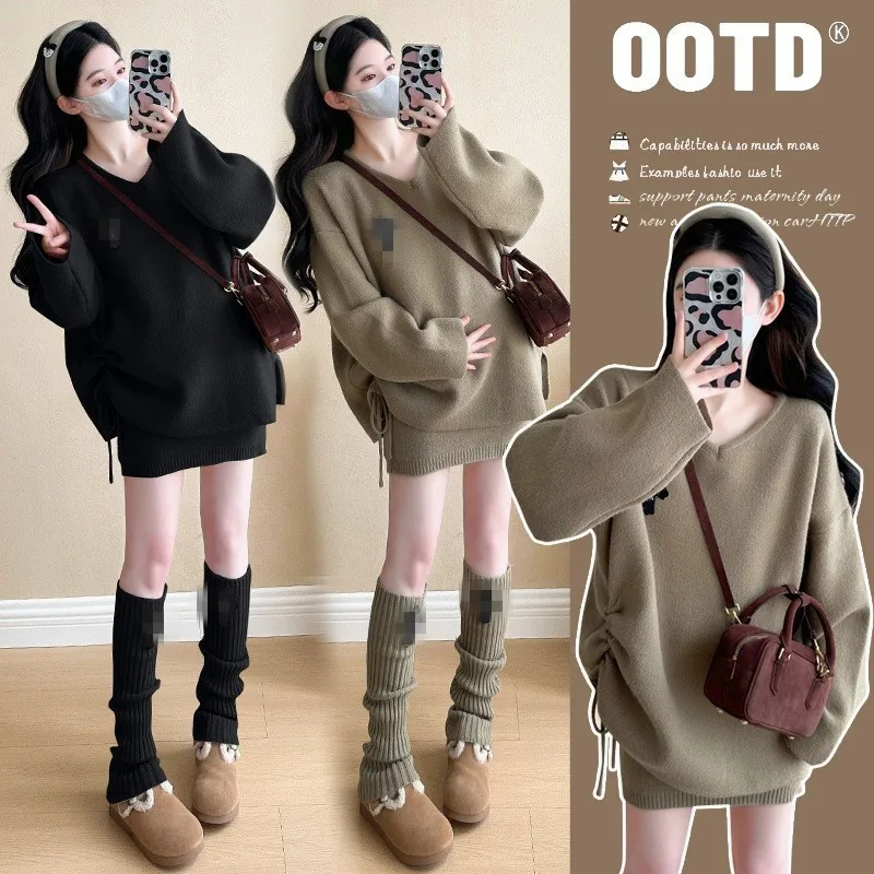 Trendy Pregnancy Outfit Autumn Knit Dress Set Unique Drawstring Top with Mini Skirt Layered Leg Warmers Maternity Wear
Trendy Pregnancy Outfit Autumn Knit Dress Set Unique Drawstring Top with Mini Skirt Layered Leg Warmers Maternity Wear