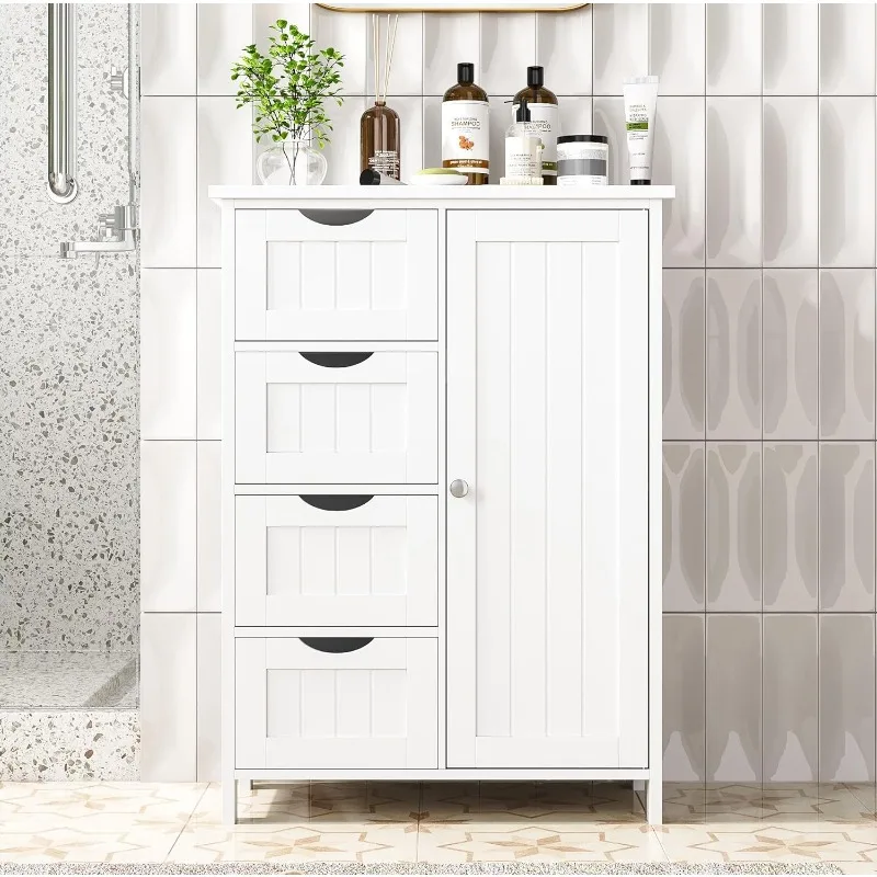 Bathroom Floor Cabinet, Freestanding Storage Cabinet with 4 Drawers and Adjustable Shelf for Entryway Storage, Home
Bathroom Floor Cabinet, Freestanding Storage Cabinet with 4 Drawers and Adjustable Shelf for Entryway Storage, Home