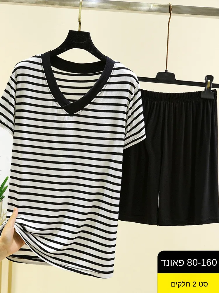 Modal V-Neck Short Sleeve Home Clothes Set Women Summer Thin Striped Sleepwear Large Size Casual Base T-Shirt Two-Piece Set
Modal V-Neck Short Sleeve Home Clothes Set Women Summer Thin Striped Sleepwear Large Size Casual Base T-Shirt Two-Piece Set