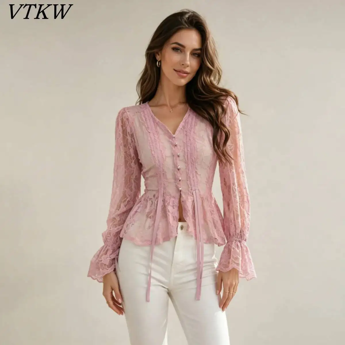 VTKW 2026 New Women Lace Blouse V Neck Long Sleeve Pearl Button Peplum Hem Flare Cuff Elegant Romantic Casual Shirt
VTKW 2026 New Women Lace Blouse V Neck Long Sleeve Pearl Button Peplum Hem Flare Cuff Elegant Romantic Casual Shirt