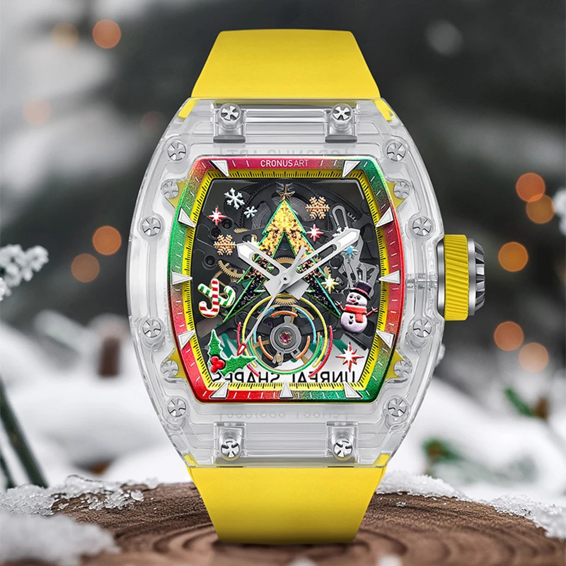 CRONUSART Men Automatic Watch Tonneau Mechanical Wristwatch Acrylic Case Luminous Fluororubber Strap Skeleton Christmas Dial
CRONUSART Men Automatic Watch Tonneau Mechanical Wristwatch Acrylic Case Luminous Fluororubber Strap Skeleton Christmas Dial
